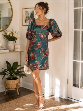 Square-Neck Puff Sleeve Mini Dress in Teal Floral